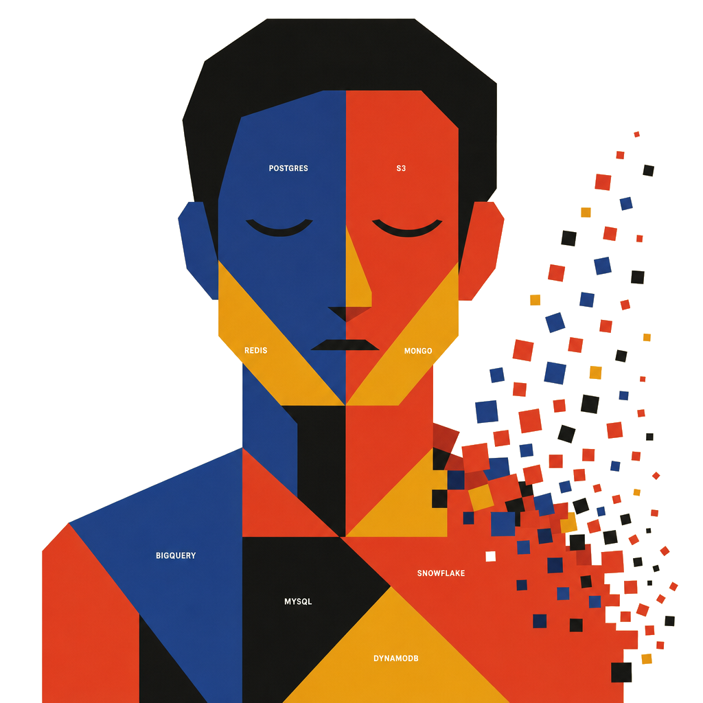 A person rendered as flat color planes, each plane a datastore — Postgres, S3, Redis, Mongo, BigQuery — with one shoulder breaking apart into scattered squares.